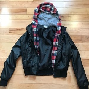 Leather jacket with plaid lining